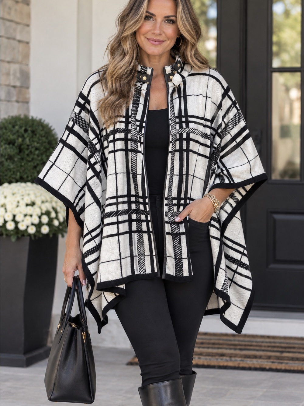 $150 Small Anne Klein Classic Black and White Plaid Poncho Cape Classy